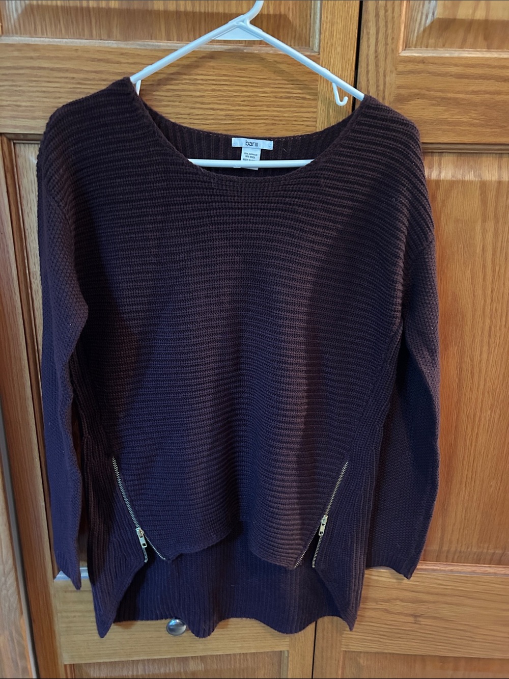 Bar III Dark Brown Ribbed Scoop Neck Sweater with Zippers